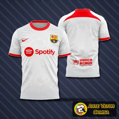 Camisa com logo no peito em destaque e estampa grande nas costas com temática natalina e elementos sofisticados inspirados em Barcelona, cores vibrantes e design moderno que garantem um visual único e atraente.