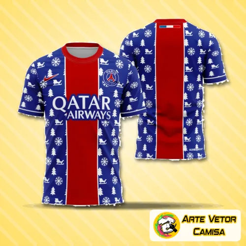 Camisa com logo no peito e estampa grande nas costas, trazendo um design natalino inspirado no PSG para a temporada 2024, em cores vibrantes e detalhes que remetem ao espírito festivo e esportivo.