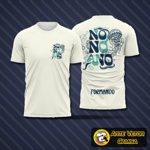 Camisa com logo no peito e estampa grande nas costas destacando elementos aquáticos em tons vibrantes de azul e verde, transmitindo a energia e a vida marinha do tema Maré Viva.