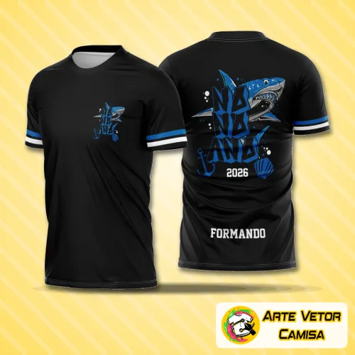 Camisa com logo no peito e estampa grande nas costas com desenho de tubarão azul vibrante, design moderno e impactante perfeito para alunos do nono ano.