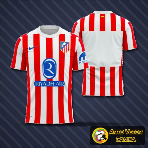 Camisa do Atlético de Madrid com logo no peito e estampa grande nas costas exibindo design moderno e cores oficiais da temporada 2025-2026, perfeita para fãs do time que apreciam detalhes autênticos