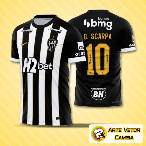 Camisa Atlético Mineiro 2026 com logo no peito e estampa grande nas costas, combinando design moderno e cores tradicionais do clube.