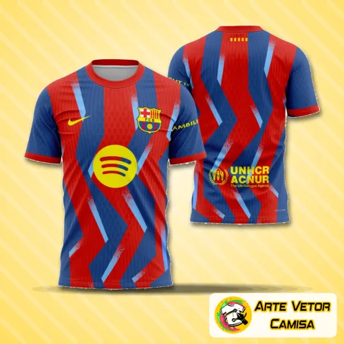 Camisa oficial do Barcelona 2025-2026 com logo no peito e estampa grande nas costas, exibindo design moderno e características emblemáticas do time para a nova temporada.