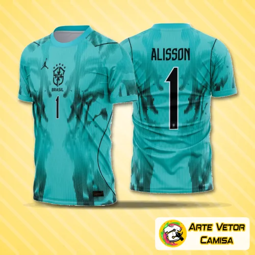Camisa Brasil de goleiro com logo no peito e estampa grande nas costas, destacando elementos visuais modernos e cores vibrantes que remetem à seleção brasileira, ideal para fãs da equipe.