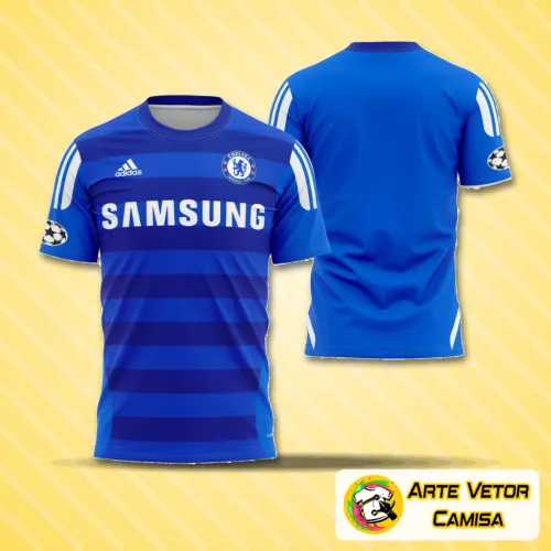 Camisa do Chelsea 2011-2012 com logo no peito e estampa grande nas costas, mostrando cores vibrantes e detalhes icônicos que destacam o design clássico do time inglês.