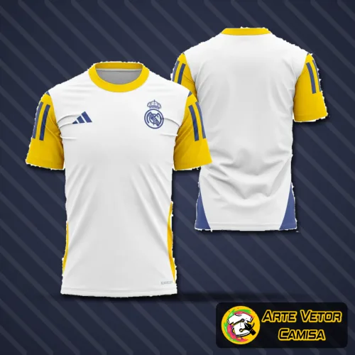 Camisa de treino do Real Madrid 2024-2025 com logo no peito e estampa grande nas costas, exibindo design moderno e estilo esportivo que destaca a identidade do clube espanhol em uniforme de alta performance.