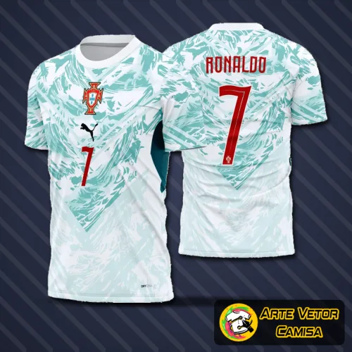 Camisa Portugal com logo no peito bem visível e estampa grande nas costas destacando detalhes vibrantes do uniforme reserva para 2026-28, ideal para fãs e colecionadores.