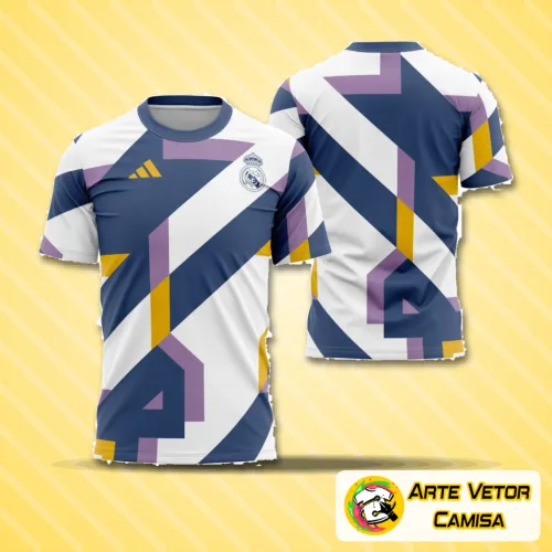 Imagem da camisa oficial do Real Madrid com logo no peito e estampa grande nas costas, mostrando o design moderno e elegante da pré-jogo da temporada 2023-2024.