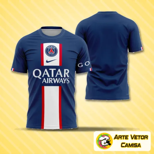 Camisa final do Psg com logo no peito e estampa grande nas costas, design moderno e detalhes que destacam a paixão pelo clube, perfeita para fãs e colecionadores.