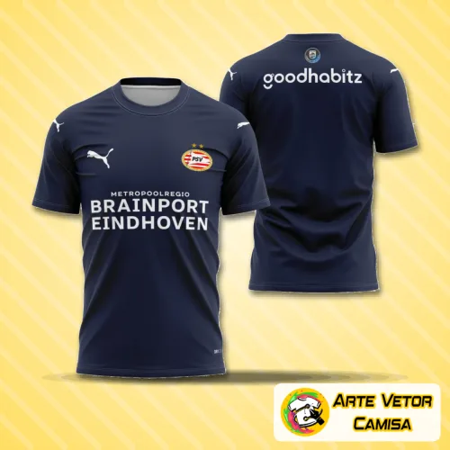 Camisa com logo no peito e estampa grande nas costas, design moderno e marcante inspirado no PSV Eindhoven 2025-2026, cores vibrantes e acabamento detalhado remetendo ao clube holandês.