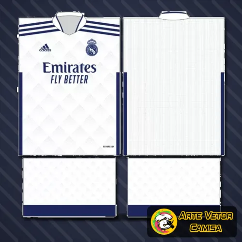 Imagem da camisa oficial do Real Madrid 2021, com logo no peito em destaque e uma estampa grande nas costas que realça o design clássico do time espanhol