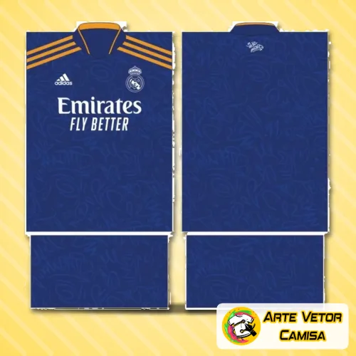 Camisa Real Madrid com logo no peito e estampa grande nas costas mostrando detalhes vibrantes nas cores tradicionais do clube