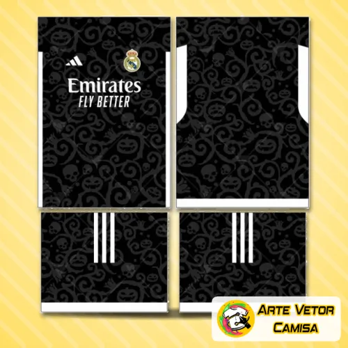 Camisa branca com logo do Real Madrid no peito e estampa grande nas costas com o escudo e detalhes em dourado, ideal para fãs do time.