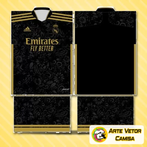 Camisa Real Madrid com logo no peito em destaque e estampa grande nas costas exibindo design moderno e cheio de detalhes que remetem ao time espanhol.