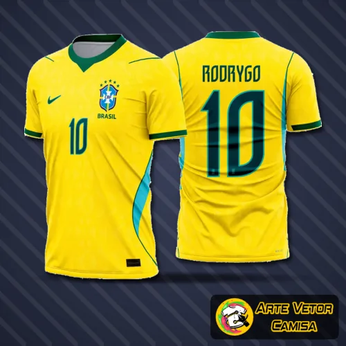 Camisa verde da seleção brasileira com logo no peito e estampa grande nas costas, destacando o tema da Copa 2026 e design moderno para torcedores apaixonados