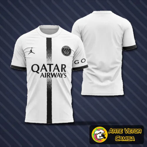 Imagem da camisa oficial de visita do PSG 2022-2023 com logo no peito e estampa grande nas costas, destacando cores e design modernos e exclusivos do time francês.