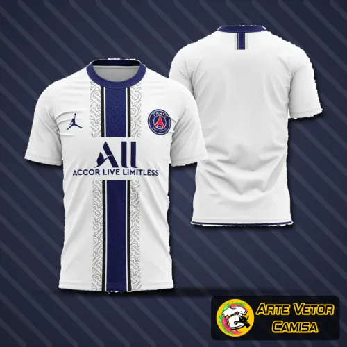 Imagem de uma camisa com o logo no peito e uma estampa grande nas costas, destacando um design moderno e vibrante inspirado no PSG 2022.