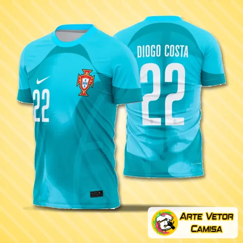 Imagem da camisa do goleiro de Portugal 2022-23 com logo no peito e estampa grande nas costas, destacando originalidade e estilo para fãs de futebol.