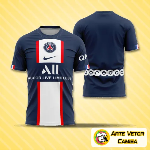 Camisa do PSG com logo no peito e estampa grande nas costas que destaca o design moderno e as cores vibrantes do modelo 2 da temporada 2022-2023, ideal para fãs e colecionadores.
