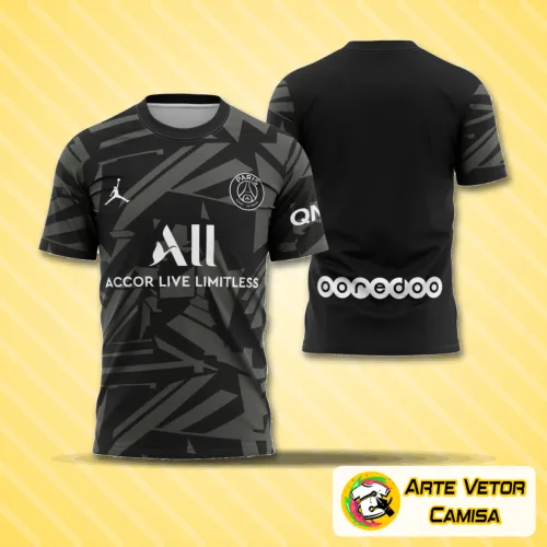 Camisa vibrante com logo no peito e estampa grande nas costas, mostrando design moderno e cores marcantes que representam a parceria PSG e Jordan em destaque.