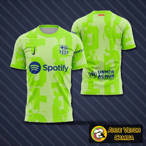 Camisa com logo no peito e estampa grande nas costas, exibindo design inspirado no Barcelona para a temporada 2025-2026, cores vibrantes e estilo moderno.