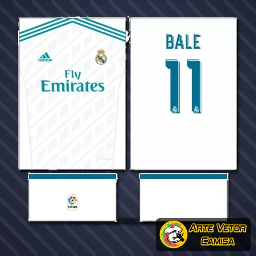 Foto da camisa com logo no peito e estampa grande nas costas, destacando os detalhes únicos do design inspirado no Real Madrid. Visual moderno com cores vibrantes e acabamento impecável, perfeito para quem é fã do time.