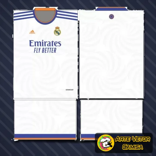 Imagem da camisa Real Madrid com logo no peito e estampa grande nas costas, destacando detalhes da temporada 2019 com design elegante e moderno, cores vibrantes e visual autêntico.
