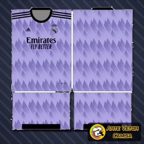 Foto da camisa do Real Madrid com logo no peito em destaque e uma estampa grande nas costas que realça detalhes únicos do uniforme, combinando estilo tradicional e moderno em uma peça marcante.