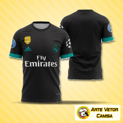 Foto da camisa do Real Madrid com logo no peito e estampa grande nas costas, em design moderno e elegante que destaca a tradicional combinação de cores do clube espanhol.