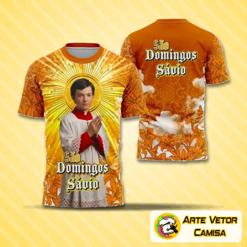 Camisa com logo no peito e estampa grande nas costas destacando São Domingos Sávio em design religioso moderno, combinando símbolos de fé e estilo para quem valoriza a espiritualidade no vestuário.