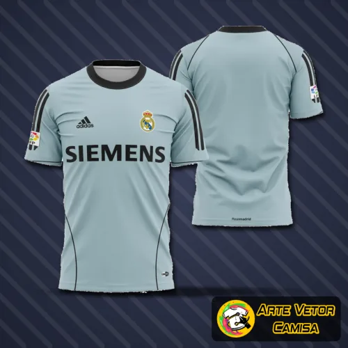 Camisa do Real Madrid com logo no peito bem destacado, acompanhada de uma estampa grande nas costas que marca o design alternativo da temporada 2005-2006, mostrando estilo e autenticidade.