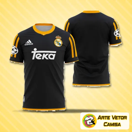 Foto da camisa de visita do Real Madrid 1998-2000 com logo no peito e estampa grande nas costas exibindo o design clássico em branco com detalhes em azul e dourado
