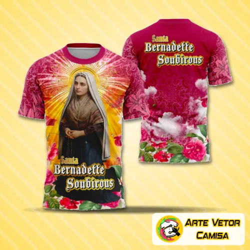 Camisa com logo no peito e estampa grande nas costas dedicada à Santa Bernadette, em estilo religioso que transmite fé e proteção, com design moderno e cores harmoniosas que destacam a devoção.