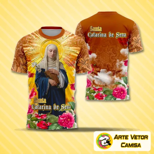 Camisa com logo no peito e estampa grande nas costas que destacam a figura de Santa Catarina de Sena em estilo religioso clássico, com detalhes refinados e cores sóbrias.