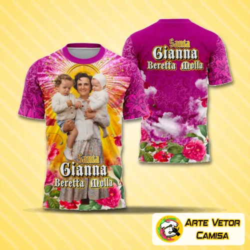 Camisa com logo no peito da Santa Gianna Beretta Molla e estampa grande nas costas mostrando elementos religiosos e inspiradores com design marcante e elegante.