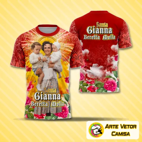 Camisa com logo no peito e estampa grande nas costas com imagem inspiradora de Santa Gianna Beretta Molla, destacando fé e devoção de forma elegante e atraente.