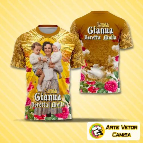 Camisa com logo no peito da Santa Gianna Beretta Molla e uma estampa grande nas costas que retrata elementos religiosos, transmitindo fé e proteção com design moderno e harmonioso.