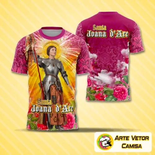 Camisa com logo no peito e estampa grande nas costas apresentando uma ilustração detalhada de Santa Joana d'Arc, combinando elementos religiosos e artísticos com estilo marcante.