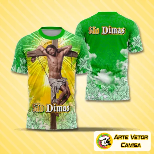 Camisa com logo no peito e estampa grande nas costas representando São Dimas, em design que mistura tradição e fé com estilo moderno.