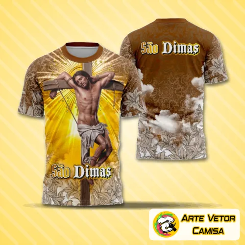 Camisa com logo no peito e estampa grande nas costas, apresentando design inspirado em São Dimas com elementos religiosos, estilo marcante e visual impactante para expressar fé e espiritualidade.
