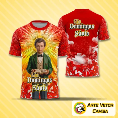 Camisa com logo no peito e uma estampa grande nas costas mostrando o tema religioso de São Domingos Sávio, destacando detalhes artísticos e símbolos ligados à fé católica.
