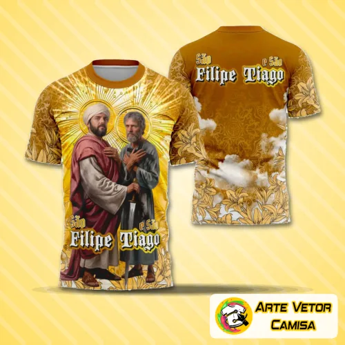 Camisa com logo no peito e uma estampa grande nas costas ilustrando São Filipe e São Tiago com design tradicional, cores vivas e detalhes que destacam a espiritualidade e a fé dos santos.