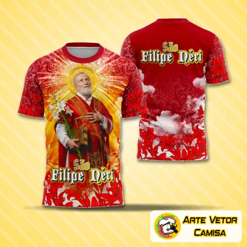 Camisa com logo no peito e estampa grande nas costas com imagem de São Filipe Néri, destacando elementos religiosos em design cheio de detalhes e cores vibrantes, ideal para quem busca fé e inspiração no estilo visual.
