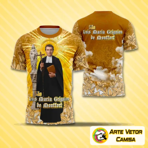 Foto de camisa branca com logo no peito representando São Luís Maria Grignion de Montfort e estampa grande nas costas com arte religiosa detalhada e vibrante, transmitindo fé e tradição.