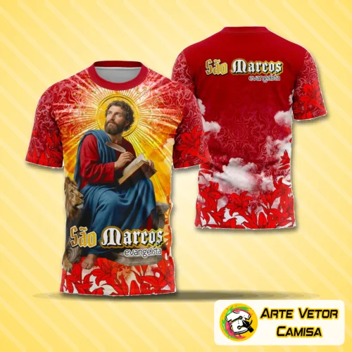 Foto da camisa com logo no peito e estampa grande nas costas representando São Marcos Evangelista com detalhes religiosos modernos e design atraente para admiradores da fé