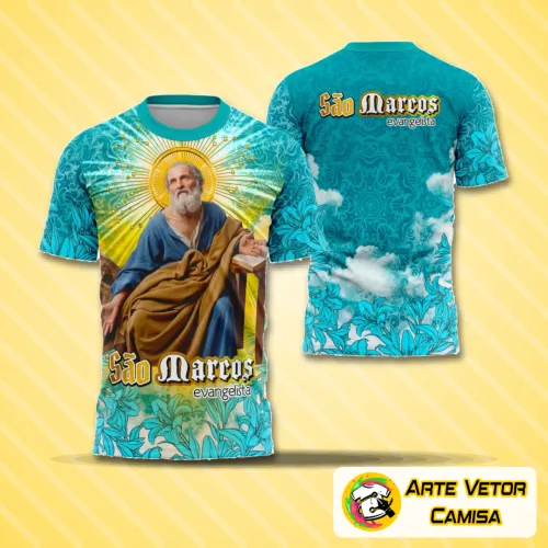 Camisa com logo no peito e estampa grande nas costas mostrando São Marcos Evangelista em estilo religioso vibrante e detalhado, ideal para quem busca inspiração e fé em um visual moderno e marcante.