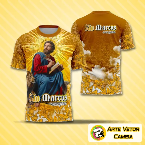 Camisa com logo no peito mostrando São Marcos Evangelista e uma estampa grande nas costas com detalhes religiosos que destacam a fé e tradição com estilo marcante.