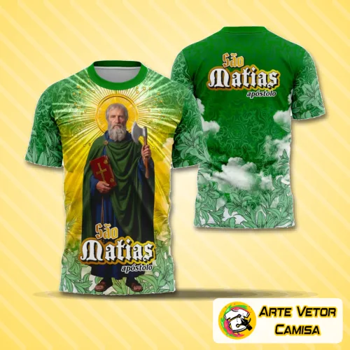Foto de uma camisa com logo no peito e estampa grande nas costas, mostrando motivos religiosos ligados a São Matias, com design clássico e impactante que destaca a fé de forma elegante e moderna.