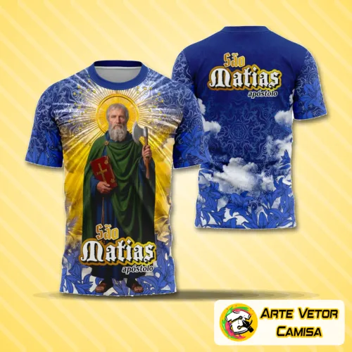 Camisa com logo no peito e estampa grande nas costas, destacando um design religioso inspirado em São Matias, ideal para quem busca estilo com significado espiritual forte e visual impactante.