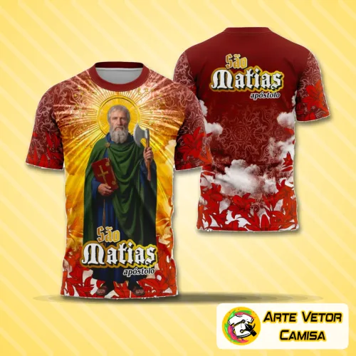 Camisa com logo no peito e estampa grande nas costas mostrando São Matias em design religioso único e cheio de estilo, ideal para quem valoriza a fé e quer expressar isso com personalidade.
